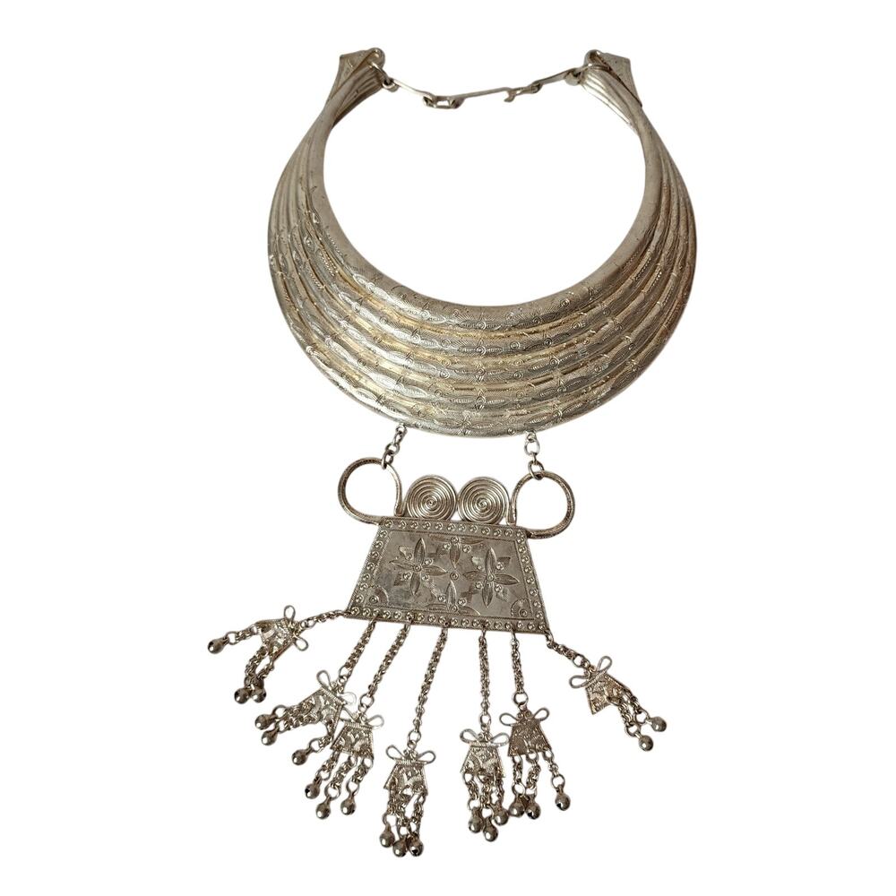 Vintage Chinese Miao Tiered Hmong Silver Tone Asian Etched Necklace Collar